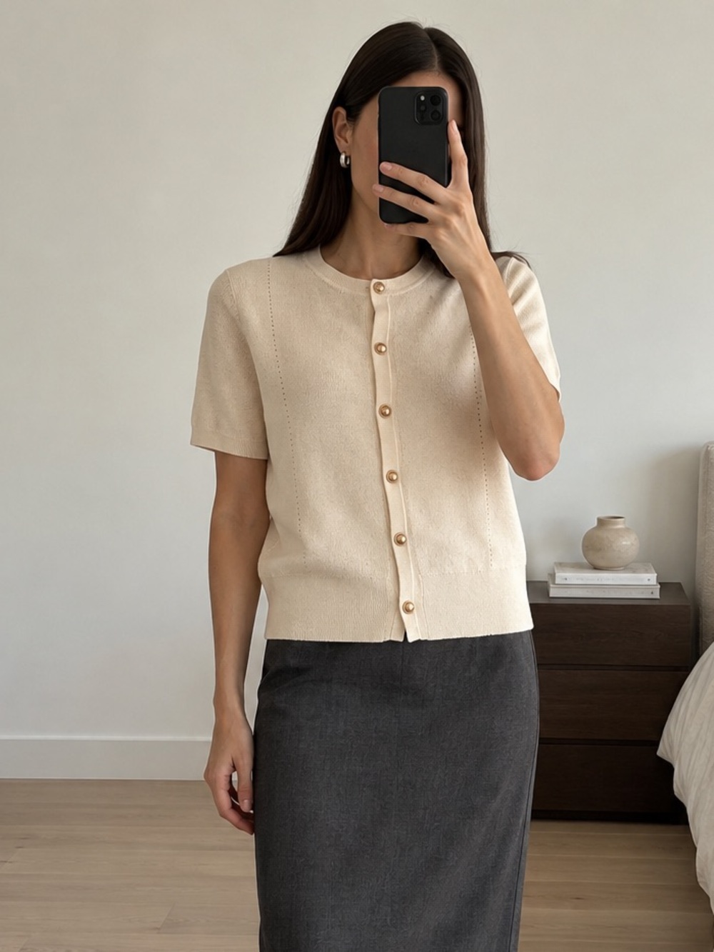 Rag & Bone Short Sleeve Knit Cardigan Ivory Gold Button Crew Neck Size S NWT